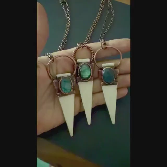 Bison Bone Arrowhead Necklace with Labradorite | Electroformed Copper Spike Pendant | Handmade Boho Jewelry | 24 inch Chain
