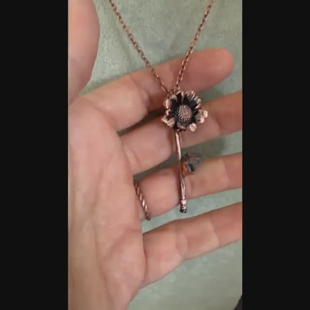 Electroformed Real Flower Necklace with Herkimer Diamond | Copper Botanical Pendant | Handmade Nature Jewelry | Boho Crystal