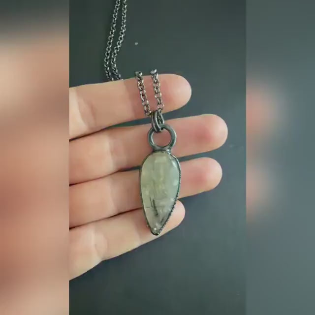 Black Tourmalinated Quartz Necklace | Electroformed Teardrop Pendant | Handmade Crystal Jewelry | Boho Protection Necklace