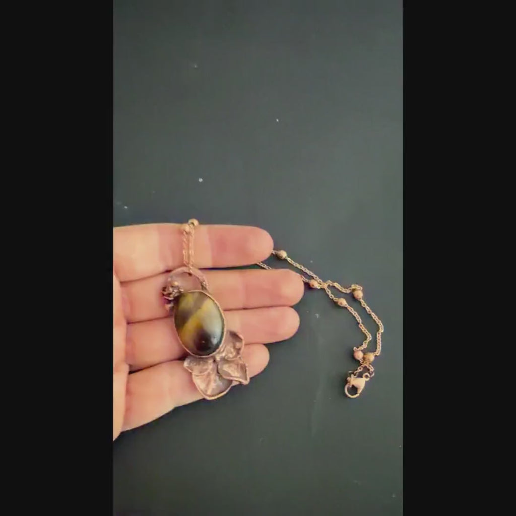 Tigers Eye Real Hydrangea Necklace | Electroformed Copper Botanical Pendant | Handmade Crystal Jewelry | Boho Necklace