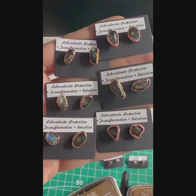 Labradorite Earrings / Copper Studs / Electroformed Jewelry