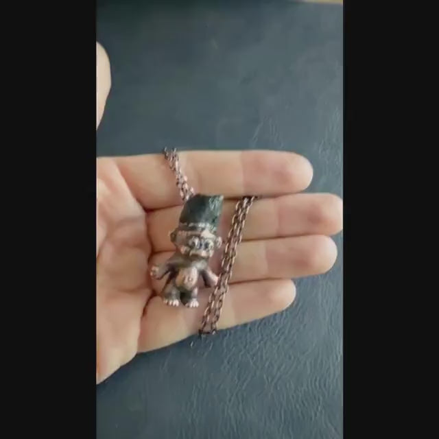 Black Tourmaline Troll Necklace | Electroformed Copper Pendant | Handmade Crystal Jewelry | Quirky Boho Good Luck Charm