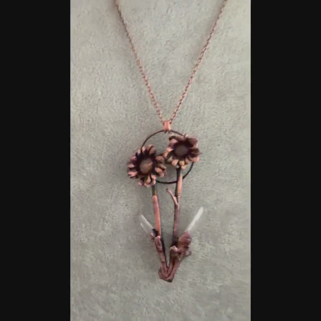 Real Flower Bouquet Necklace with Lemurian Quartz | Electroformed Copper Botanical Pendant | Handmade Crystal Jewelry