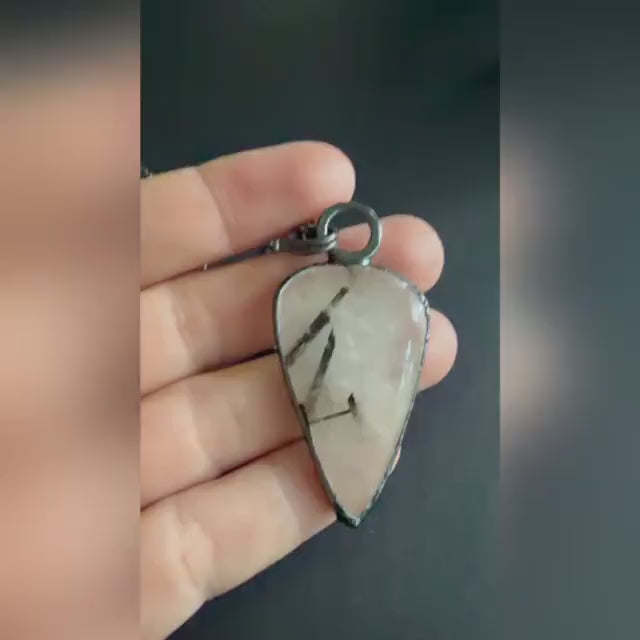 Black Tourmalinated Quartz Pendant | Bold Tourmaline Blades in Clear Quartz | Handmade Electroformed Necklace | Boho