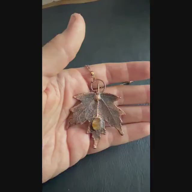 Real Maple Leaf Necklace with Raw Citrine | Electroformed Copper Pendant | Handmade Boho Botanical Jewelry | Rose Gold Chain
