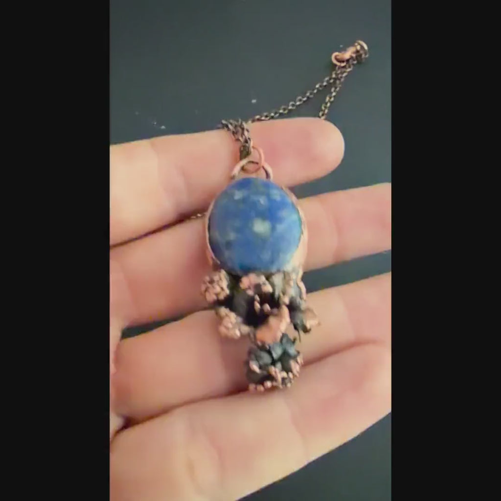 Lapis Lazuli Real Flower Necklace | Electroformed Copper Botanical Pendant | Handmade Crystal Jewelry | Boho Nature Necklace