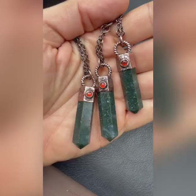 Moss Agate Crystal Point Necklace with Carnelian