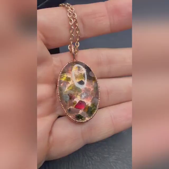Oval Resin Rainbow Tourmaline Pendant Necklace | Electroformed Copper | Rose Gold Chain | Handmade Crystal Jewelry