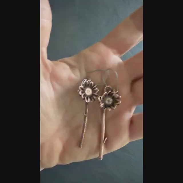 Real Daisy Flower Stem Dangle Earrings | Electroformed Copper Wildflower | Handmade Botanical Jewelry | Boho Nature Earrings