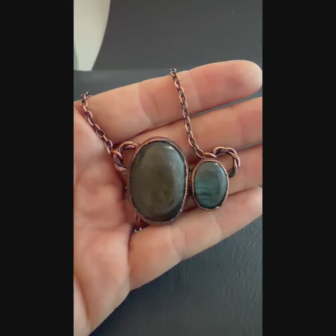 Golden Sheen Obsidian & Labradorite Copper Necklace | Electroformed Pendant | Handmade Crystal Jewelry | Boho Gemstone Necklace