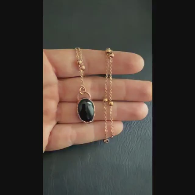Black Obsidian Necklace | Electroformed Copper Pendant | Handmade Boho Crystal Jewelry | Rose Gold Chain | Protection Gift