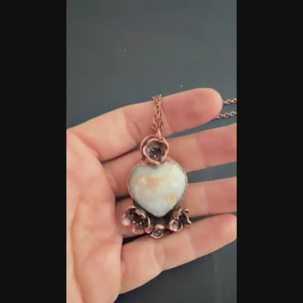 Grey Agate Heart Real Flower Necklace | Electroformed Copper Botanical Pendant | Handmade Crystal Jewelry | Boho Love Necklace