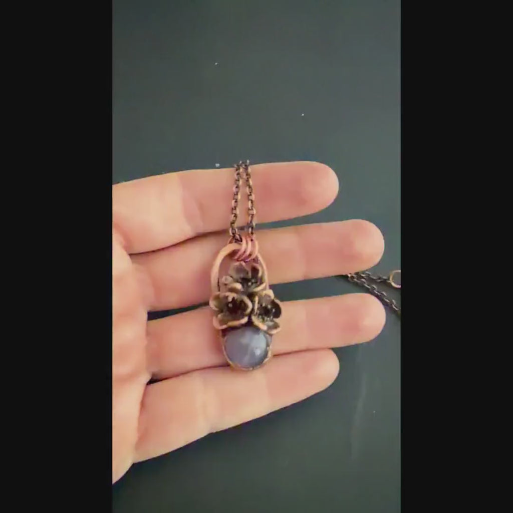 Amethyst Real Flower Necklace | Electroformed Copper Botanical Pendant | Handmade Crystal Jewelry | Boho Healing Necklace