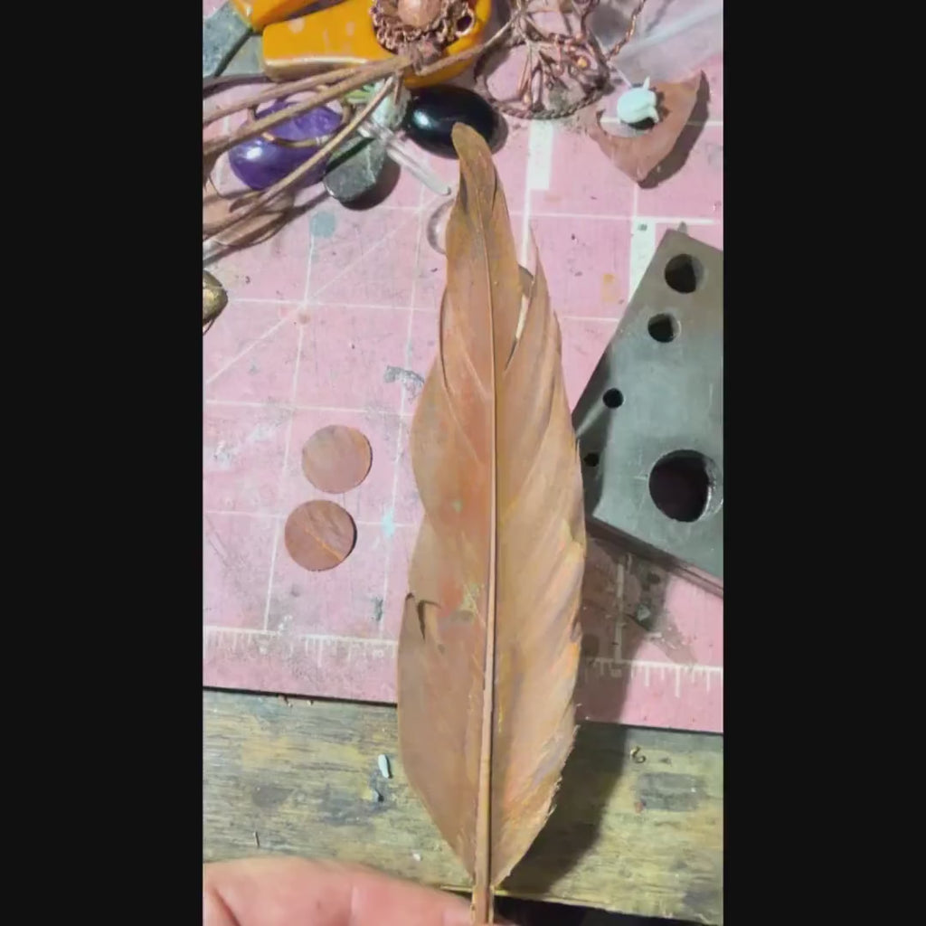 Real Feather Earrings with Gemstone | Electroformed Copper Disc Dangle Earrings | Handmade Boho Nature Jewelry