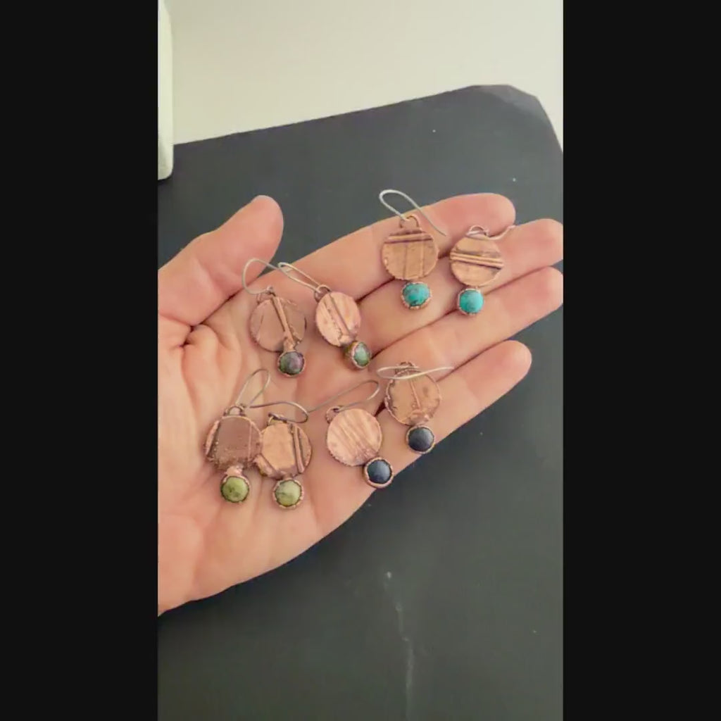 Real Feather Earrings with Gemstone | Electroformed Copper Disc Dangle Earrings | Handmade Boho Nature Jewelry