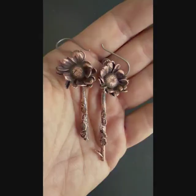Real Flower Stem Dangle Earrings with Herkimer Diamonds | Electroformed Copper Daisy | Handmade Crystal Botanical Jewelry | Boho