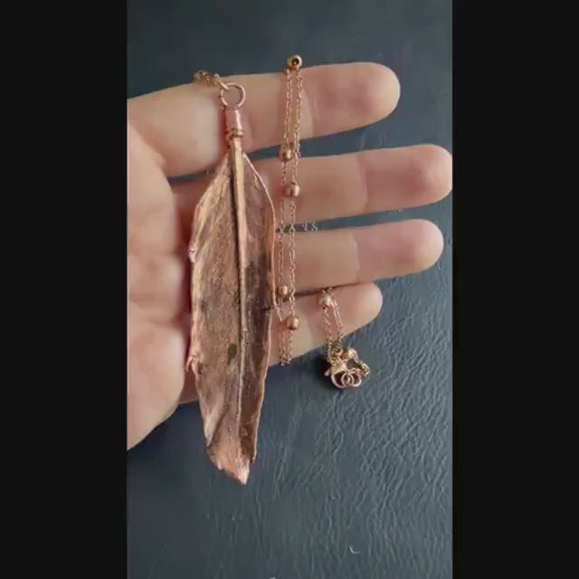 Real Feather Necklace Electroformed in Copper | Boho Feather Pendant | Handmade Nature Jewelry | Long Layering Necklace