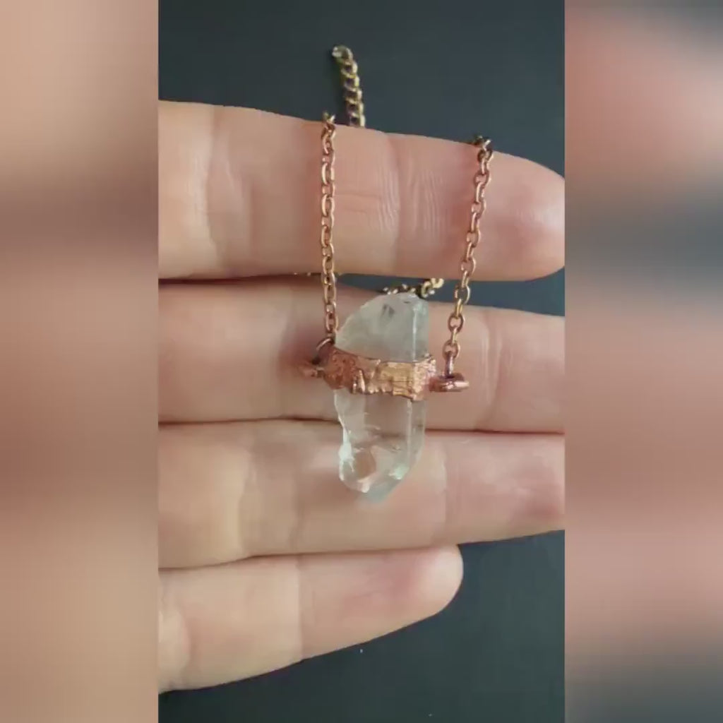 Raw Clear Quartz Electroformed Copper Necklace | Boho Rose Gold Chain Pendant