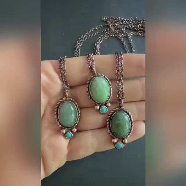 Green Aventurine Necklace with Turquoise Accent | Electroformed Copper Pendant | Handmade Boho Crystal Jewelry Gift