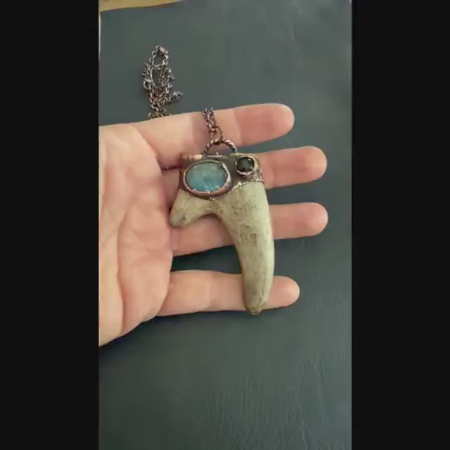 Labradorite & Obsidian Antler Necklace | Electroformed Copper Deer Antler Pendant | Handmade Boho Crystal Jewelry | Witchy Gift
