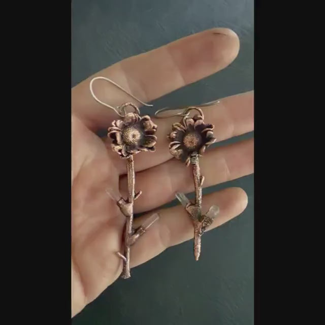 Real Flower Stem Dangle Earrings with Raw Quartz | Electroformed Copper Wildflower | Handmade Crystal Botanical Jewelry | Boho