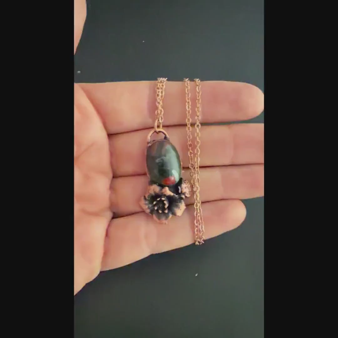 Dragon Bloodstone Real Flower Necklace | Electroformed Copper Botanical Pendant | Handmade Crystal Jewelry | Boho Necklace