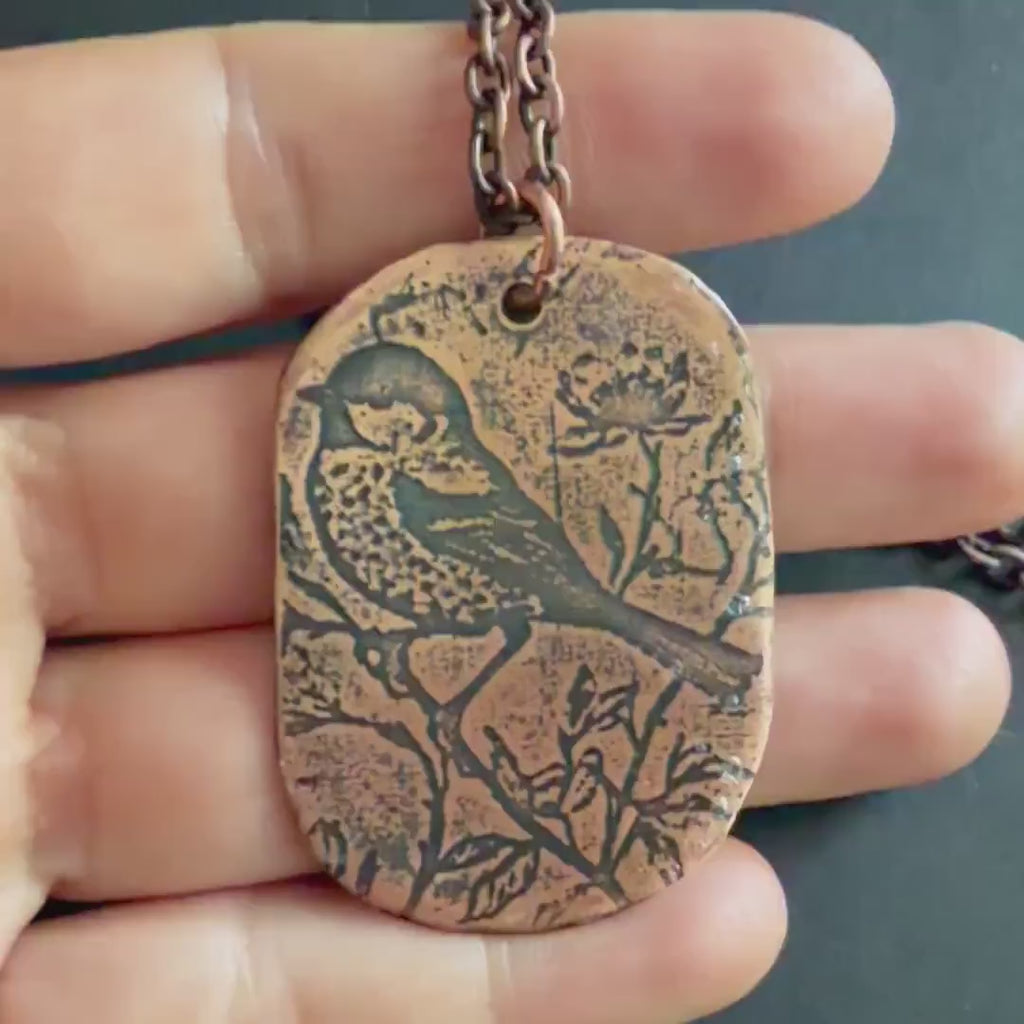Songbird on a Branch Necklace | Electro Etched Copper Pendant with Wildflowers | Handmade Woodland Nature Jewelry | Boho Bird Gift