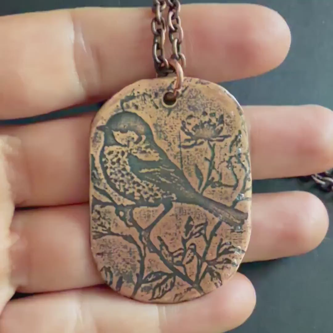 Songbird on a Branch Necklace | Electro Etched Copper Pendant with Wildflowers | Handmade Woodland Nature Jewelry | Boho Bird Gift