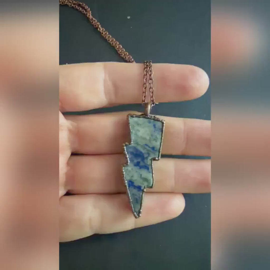 Lapis Lazuli Lightning Bolt Necklace | Electroformed Copper Pendant | Handmade Crystal Jewelry | Boho Statement Gift