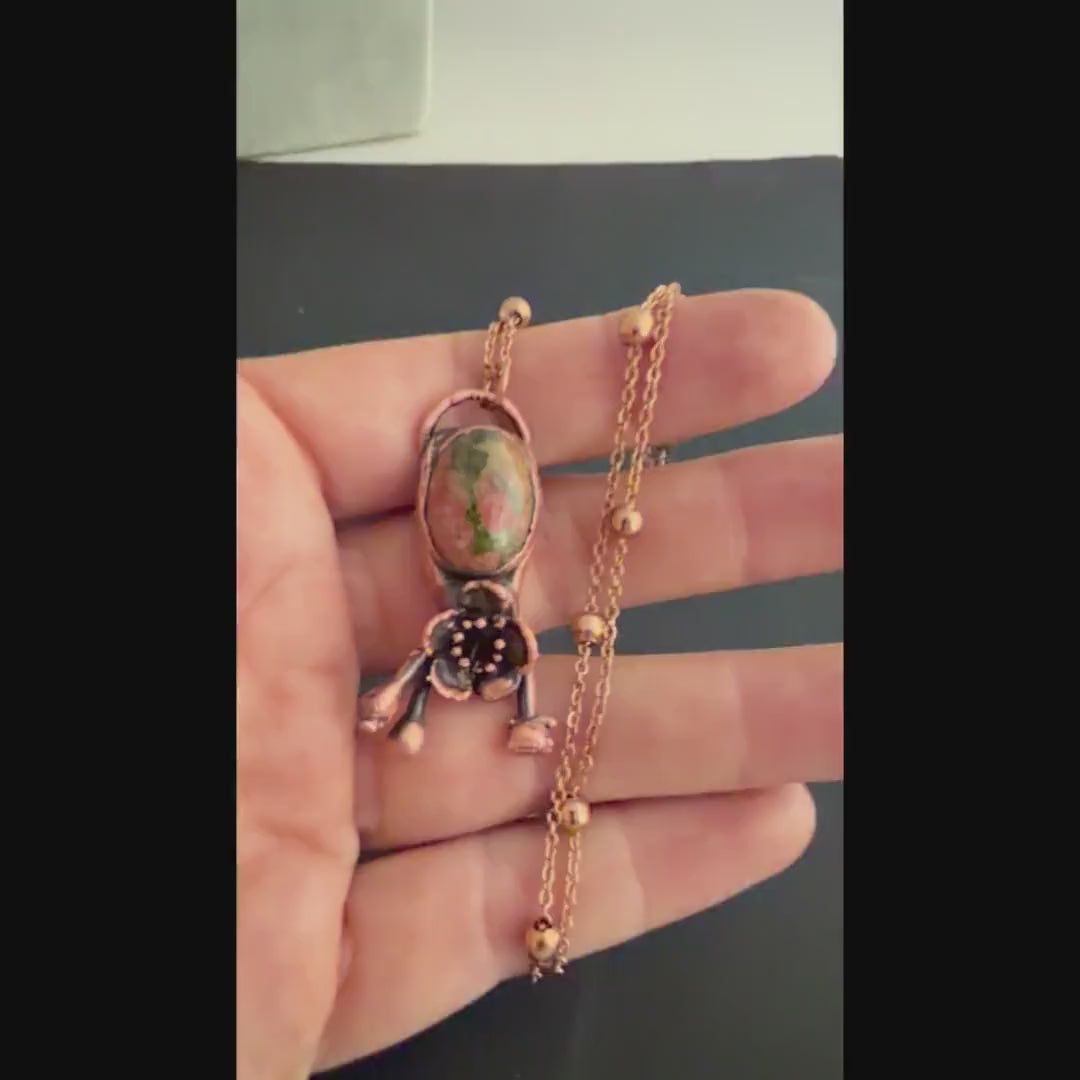 Leopardskin Jasper Real Flower Necklace | Electroformed Copper Botanical Pendant | Handmade Crystal Jewelry | Boho Necklace