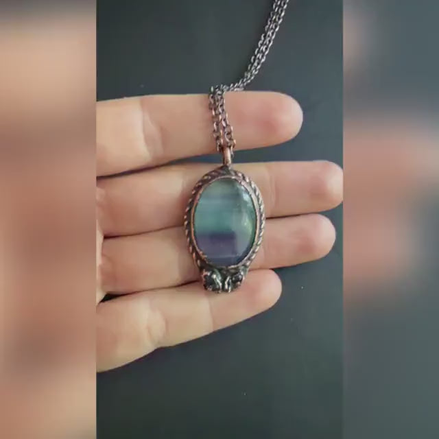 Rainbow Fluorite Necklace | Electroformed Copper Pendant with Herkimer Quartz | Handmade Crystal Jewelry | Boho Gift