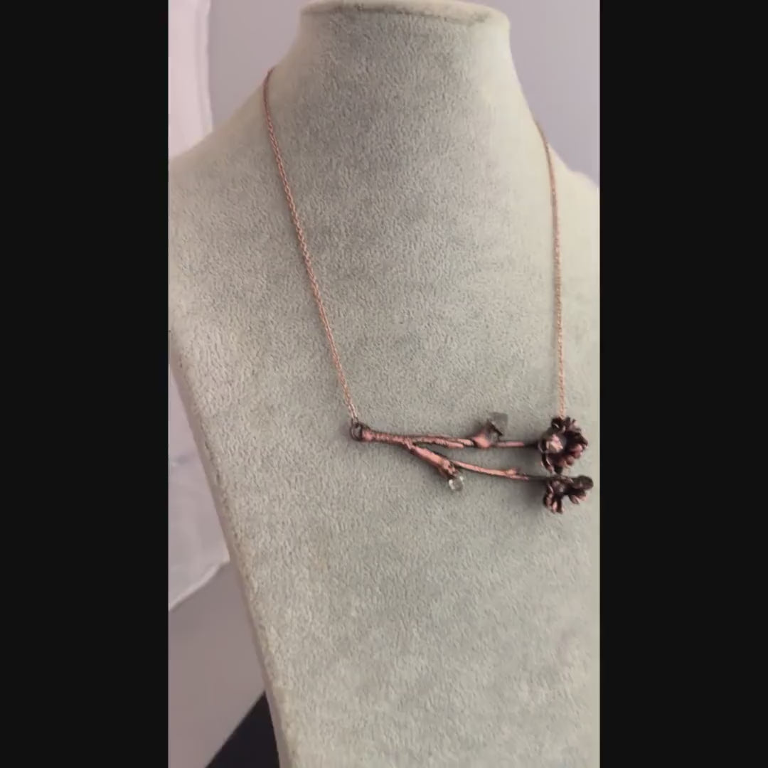 Real Flower Bouquet Necklace with Herkimer Diamond | Electroformed Copper Botanical Pendant | Handmade Crystal Jewelry