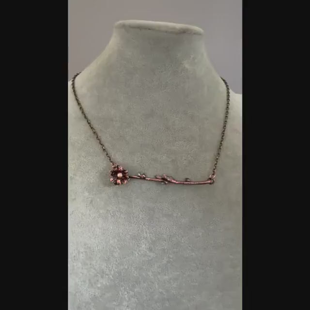 Electroformed Flower Branch Necklace with Herkimer Diamond | Horizontal Copper Bar | Handmade Botanical Jewelry | Boho Crystal