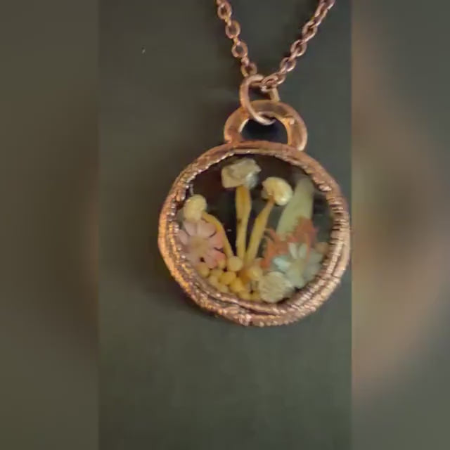 Electroformed Copper Goblincore Mushroom Garden Pendant | Real Plant in Resin | Mushroom Necklace