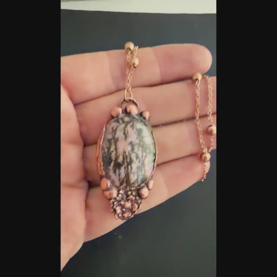 Rhodonite Real Flower Necklace | Electroformed Copper Botanical Pendant | Handmade Crystal Jewelry | Boho Love Necklace
