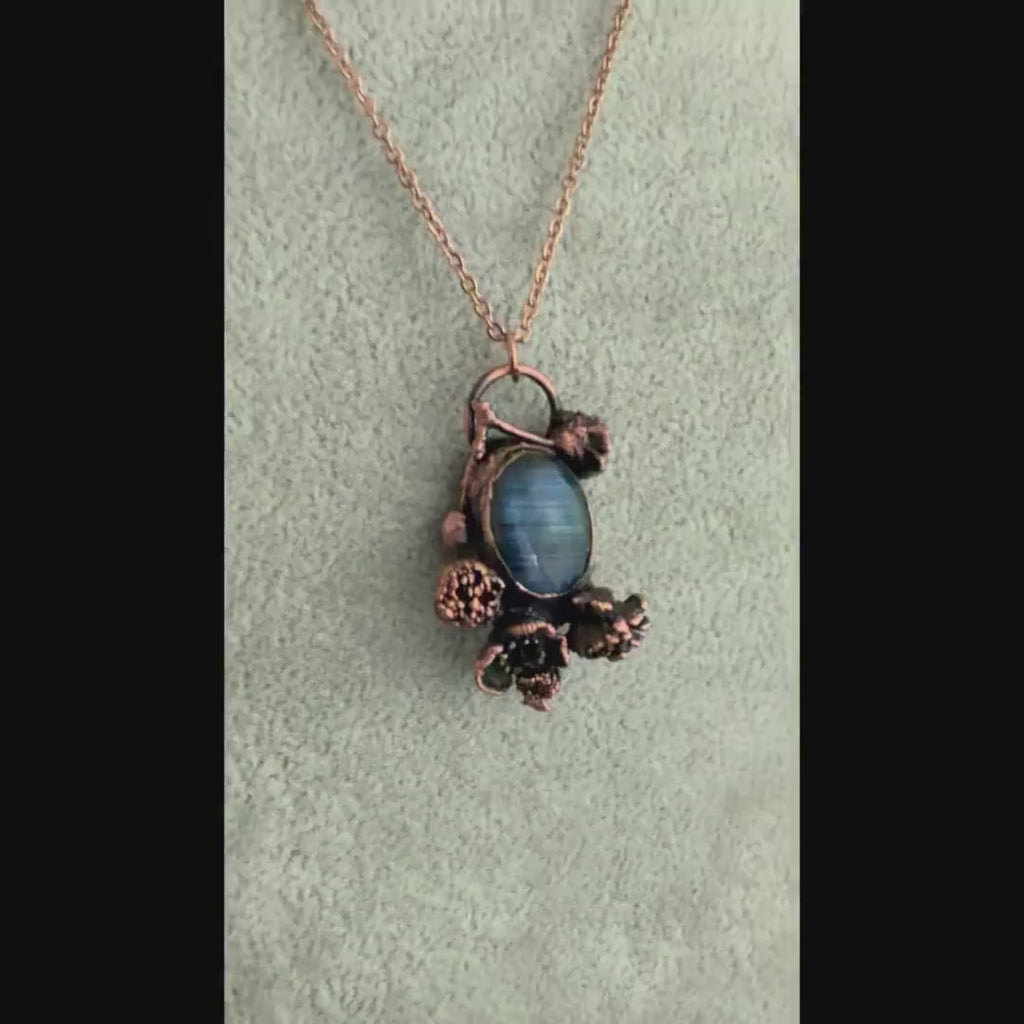 Labradorite Real Flower Necklace | Electroformed Copper Botanical Pendant | Handmade Crystal Jewelry | Boho Magic Necklace