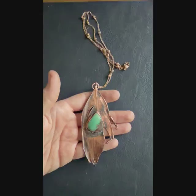 Real Feather Necklace with Chrysoprase | Electroformed Copper Pendant | Handmade Boho Jewelry | Green Gemstone Necklace