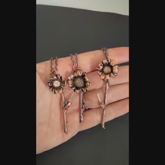 Electroformed Real Flower Necklace with Quartz Crystal | Copper Botanical Pendant | Handmade Nature Jewelry | Boho Necklace