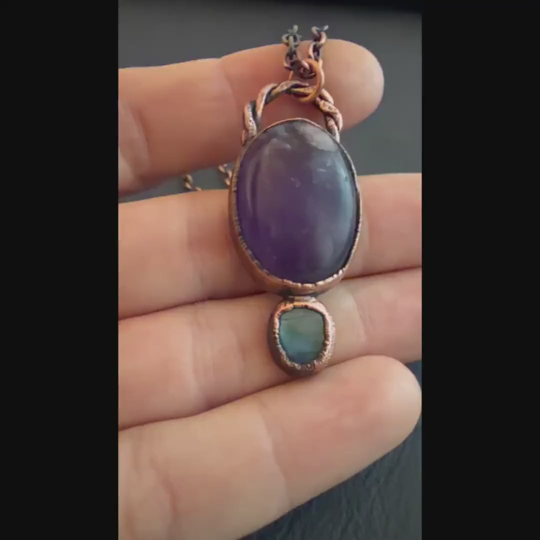 Amethyst & Labradorite Necklace | Electroformed Copper Pendant | Handmade Crystal Jewelry | Boho Healing Gemstone Necklace