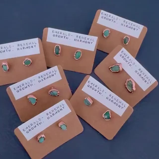 Emerald Copper Stud Earrings Birthstone May / Electroformed Mineral Jewelry / Simple Studs