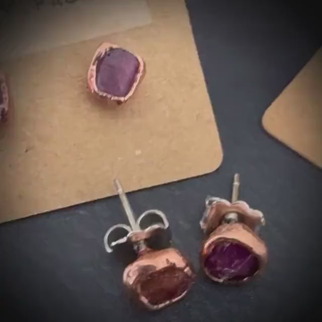 Ruby Stud Earrings / Raw Crystal Copper Studs / July Birthstone Earrings / Electroformed Jewelry